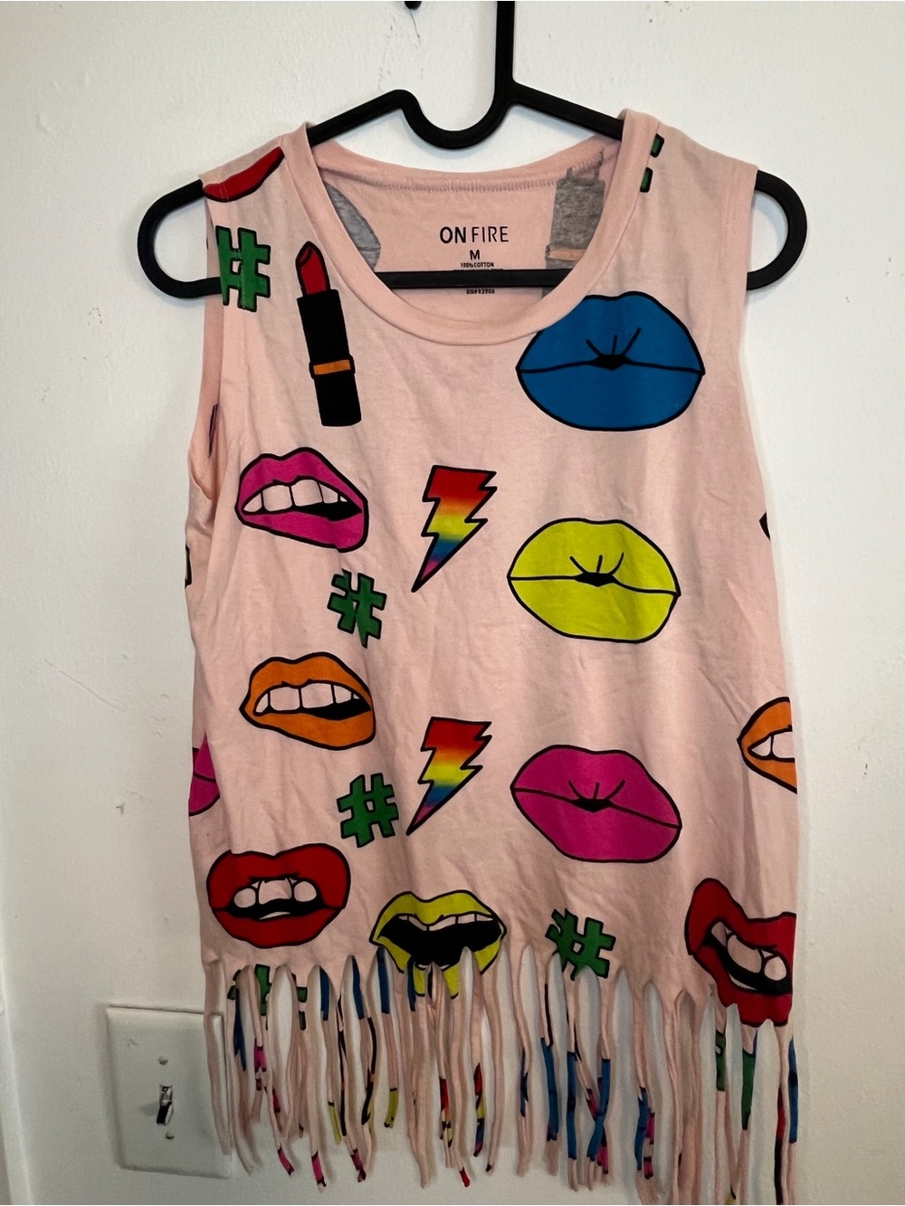 On Fire Light Pink Graphic Fringe Tank with Multicolor Lip & Icon Prints